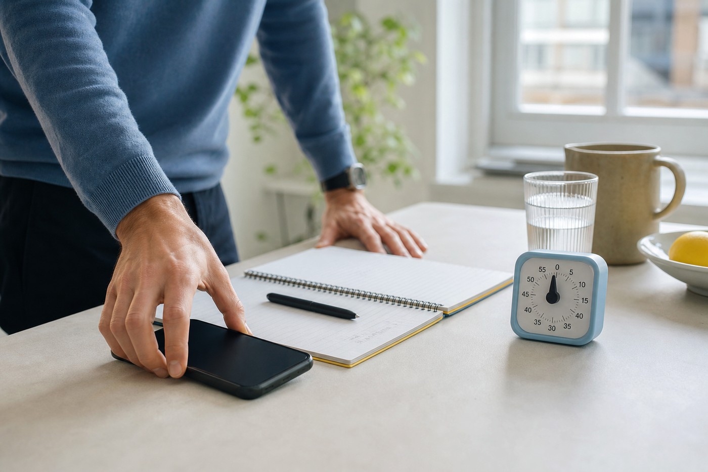 Persoon legt een smartphone naast een notitieboek en een analoge timer op tafel