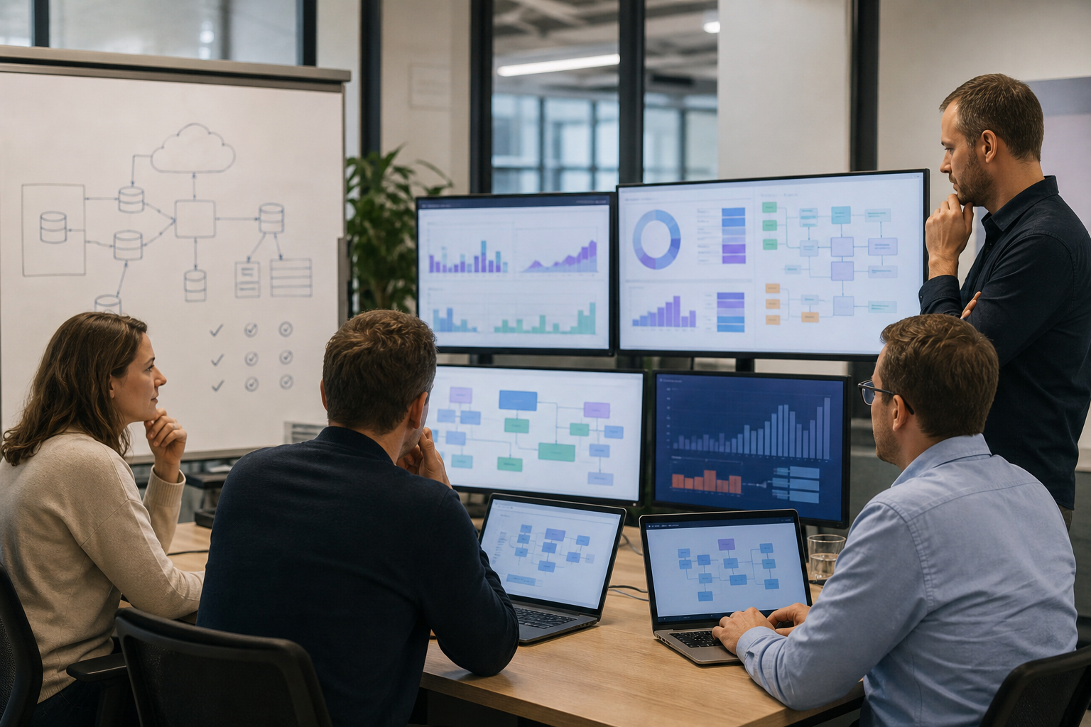 Datateam bespreekt de architectuur en dashboards van een volwassen dataplatform
